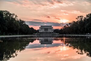 Washington DC and the Lincoln Memorial at sunset.