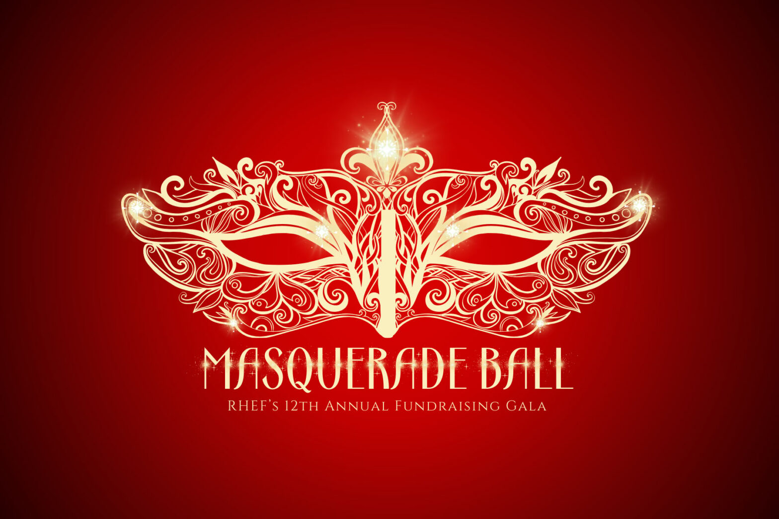 illustration of elegant gold mask on red background with the words "masquerade ball"